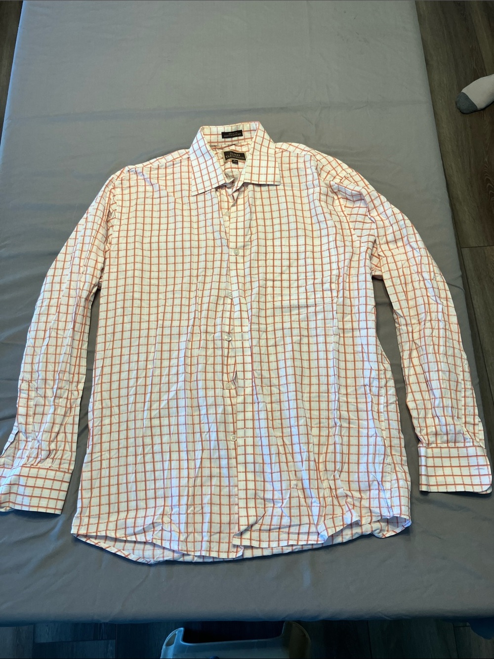 Men's White Dress Shirt with Orange Windowpane - Classic Spread Collar